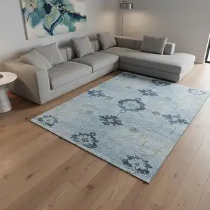 Photo of Blue And Olive Green Floral Medallion Washable Area Rug With UV Protection