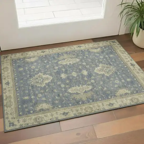 Blue And Olive Green Oriental Washable Area Rug With UV Protection Photo 2