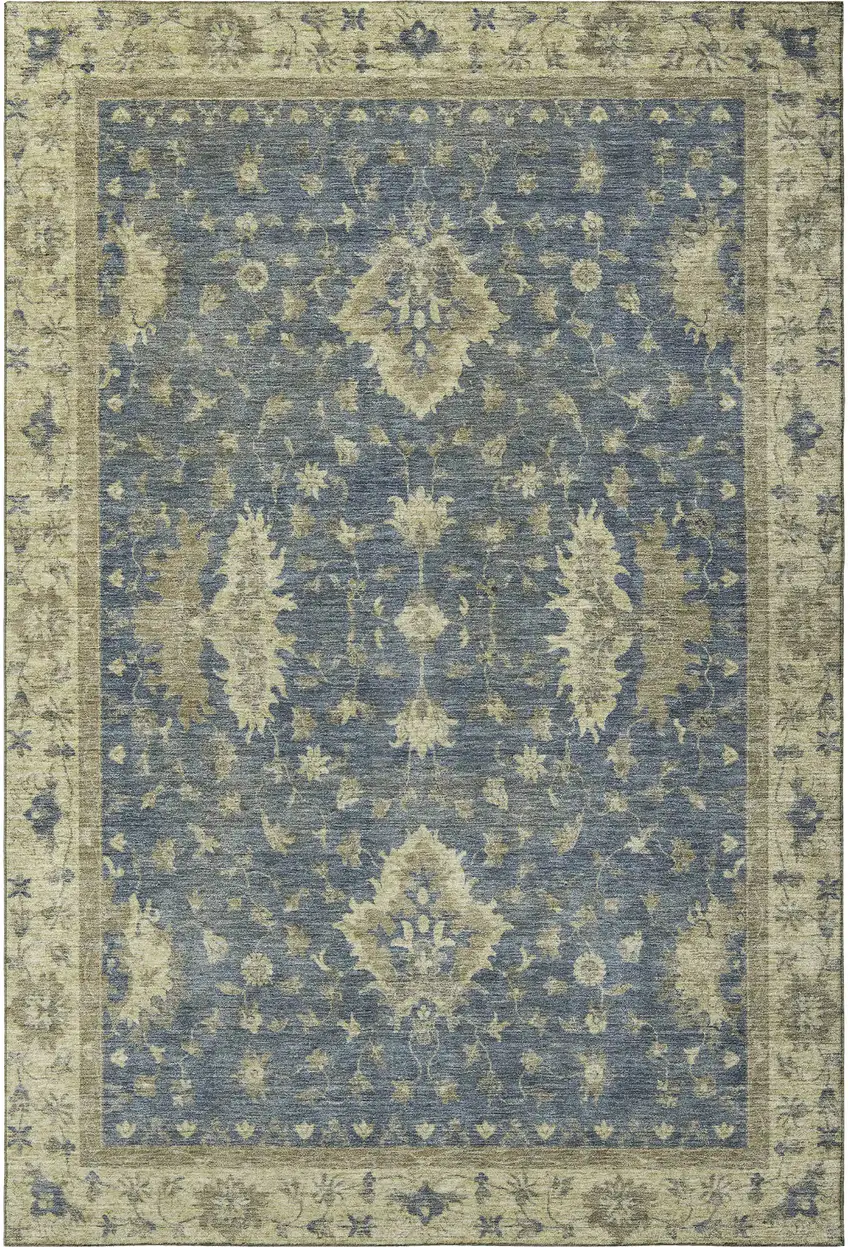 Blue And Olive Green Oriental Washable Area Rug With UV Protection Photo 3