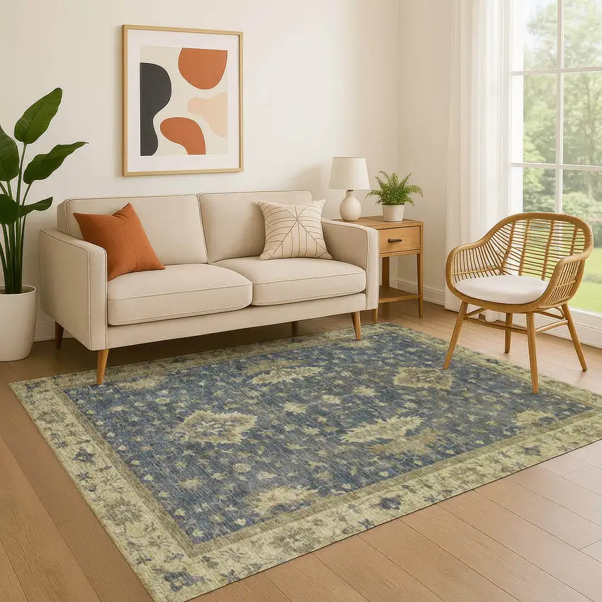 Blue And Olive Green Oriental Washable Area Rug With UV Protection Photo 4