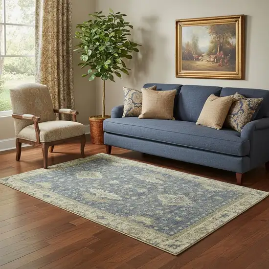 Blue And Olive Green Oriental Washable Area Rug With UV Protection Photo 2