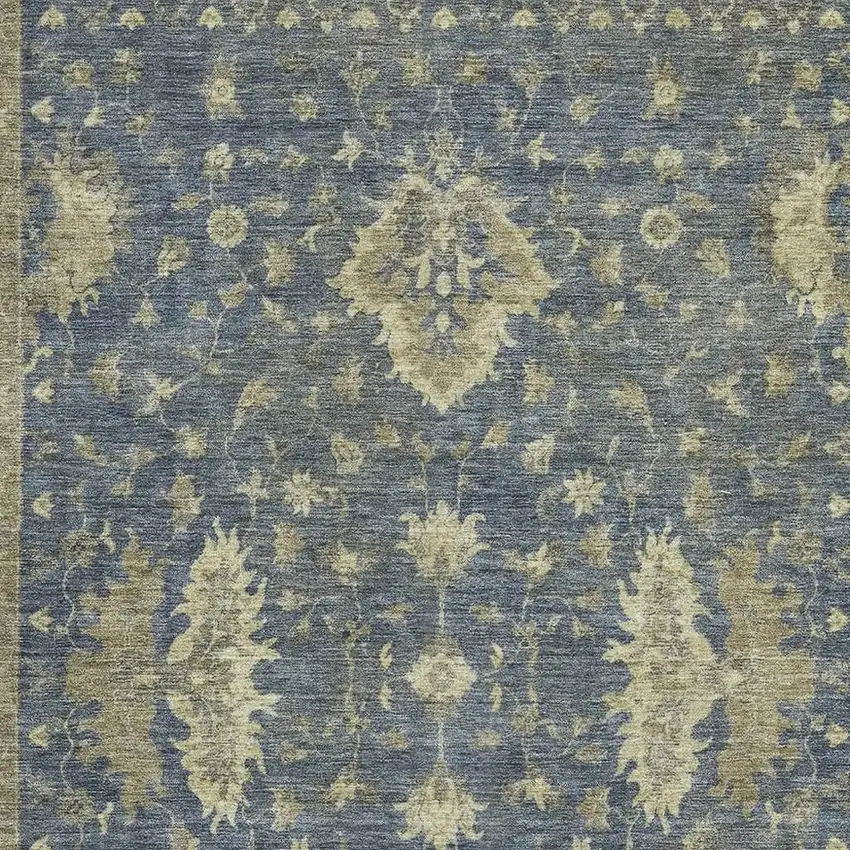 Blue And Olive Green Oriental Washable Area Rug With UV Protection Photo 2