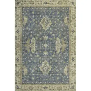 Photo of Blue And Olive Green Oriental Washable Area Rug With UV Protection