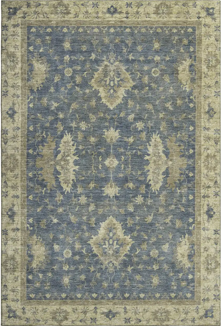 Blue And Olive Green Oriental Washable Area Rug With UV Protection Photo 1