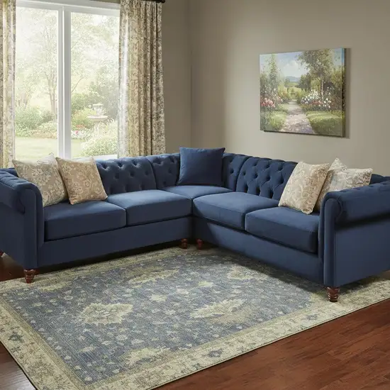 Blue And Olive Green Oriental Washable Area Rug With UV Protection Photo 2