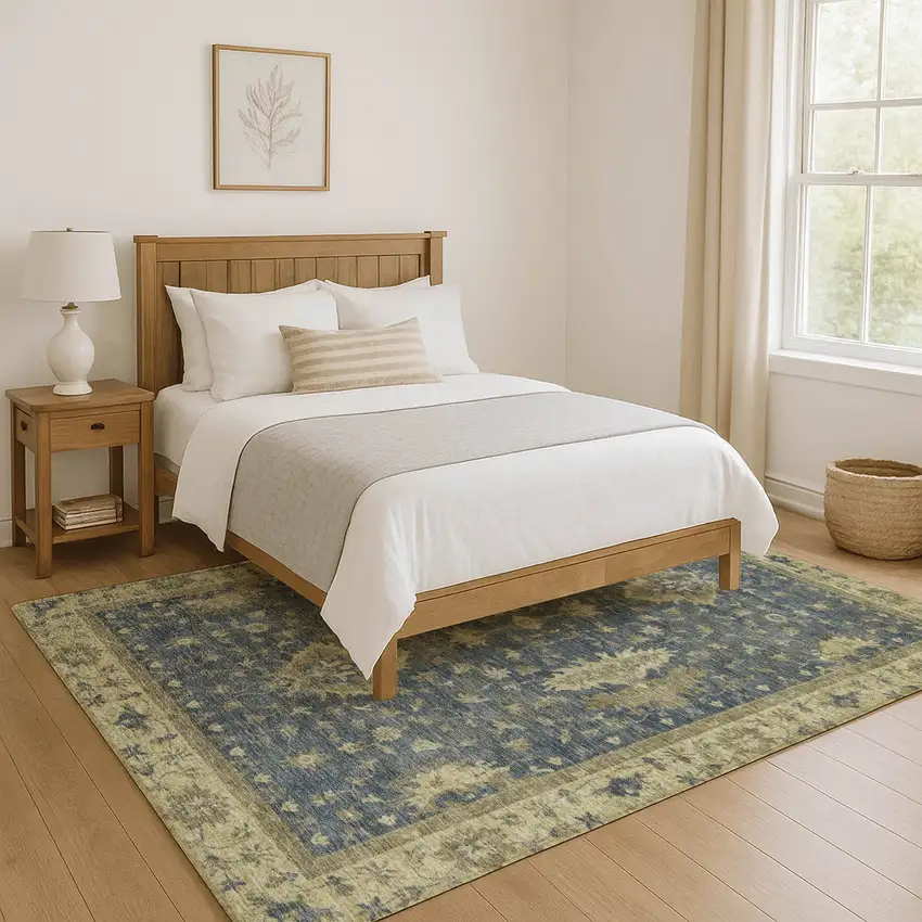 Blue And Olive Green Oriental Washable Area Rug With UV Protection Photo 5