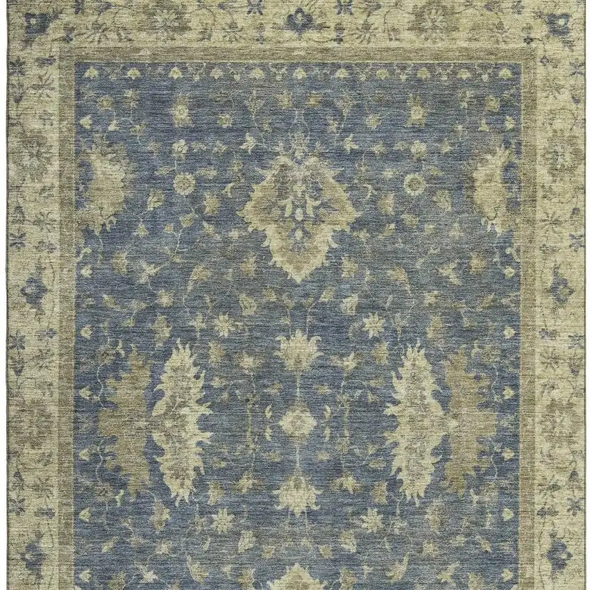 Blue And Olive Green Oriental Washable Area Rug With UV Protection Photo 3