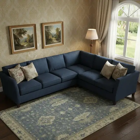 Blue And Olive Green Oriental Washable Area Rug With UV Protection Photo 2