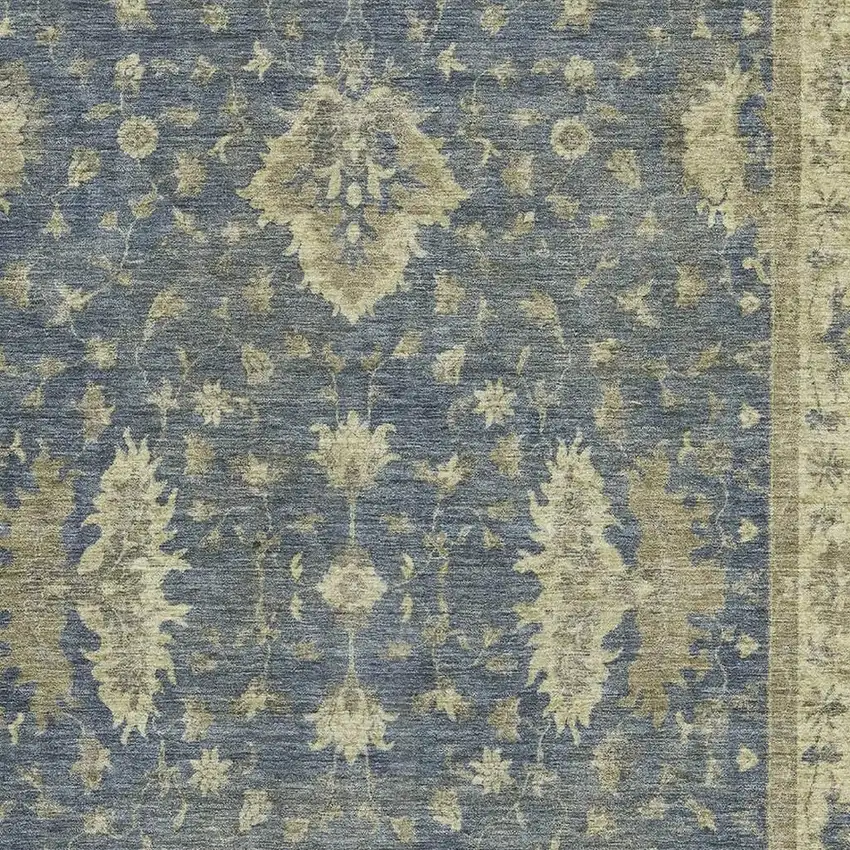 Blue And Olive Green Oriental Washable Area Rug With UV Protection Photo 2