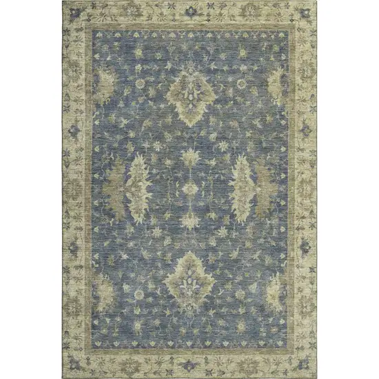 Blue And Olive Green Oriental Washable Area Rug With UV Protection Photo 1