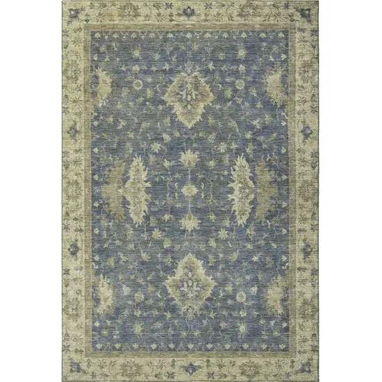 Blue And Olive Green Oriental Washable Area Rug With UV Protection Photo 3