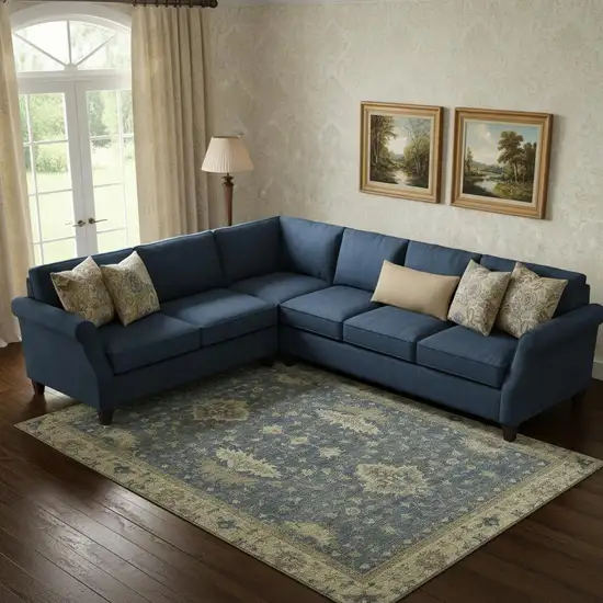 Blue And Olive Green Oriental Washable Area Rug With UV Protection Photo 2