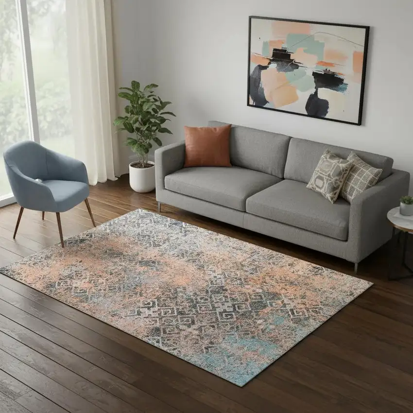 Blue And Orange Abstract Distressed Area Rug Photo 1