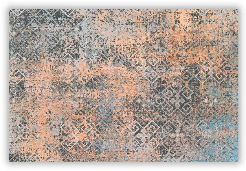 Blue And Orange Abstract Distressed Area Rug Photo 2
