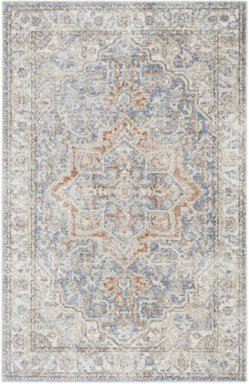 Blue And Orange Floral Medallion Washable Area Rug Photo 7