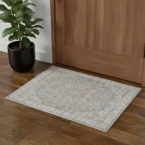 Blue And Orange Floral Medallion Washable Area Rug Photo 1