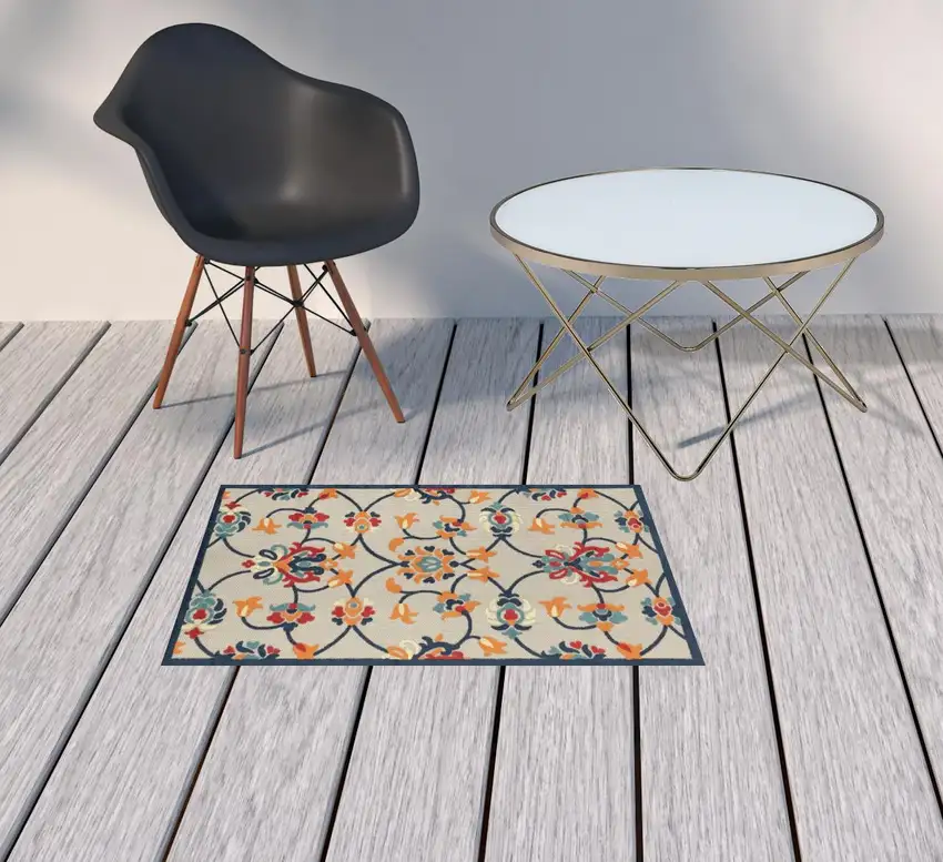 Blue And Orange Floral Non Skid Indoor Outdoor Area Rug Photo 2
