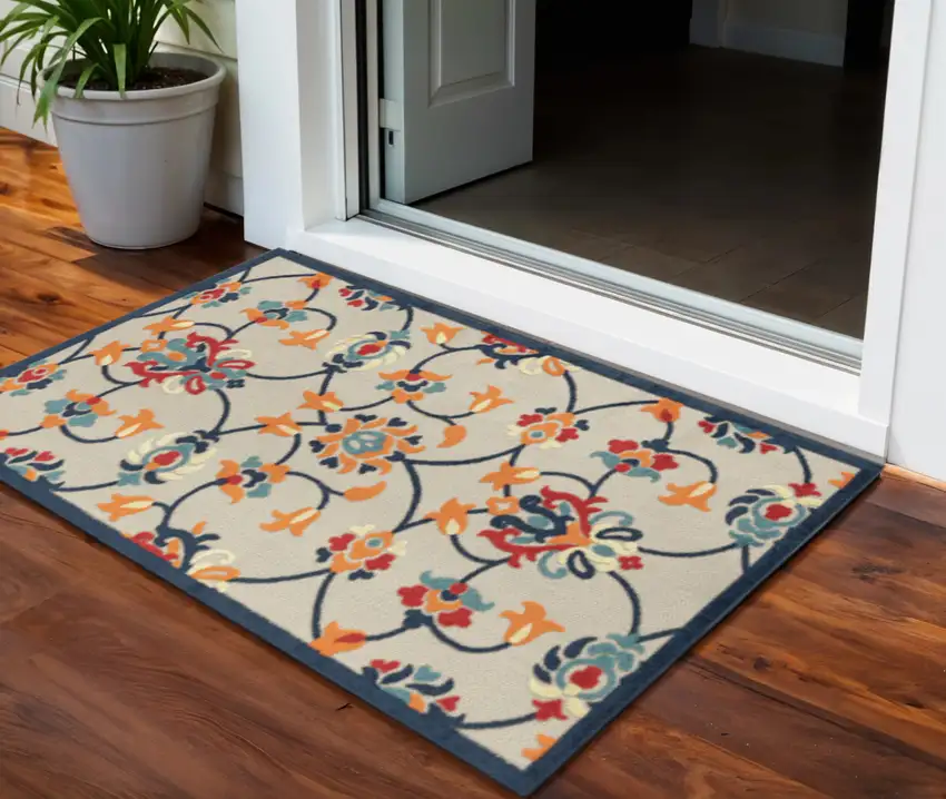 Blue And Orange Floral Non Skid Indoor Outdoor Area Rug Photo 1