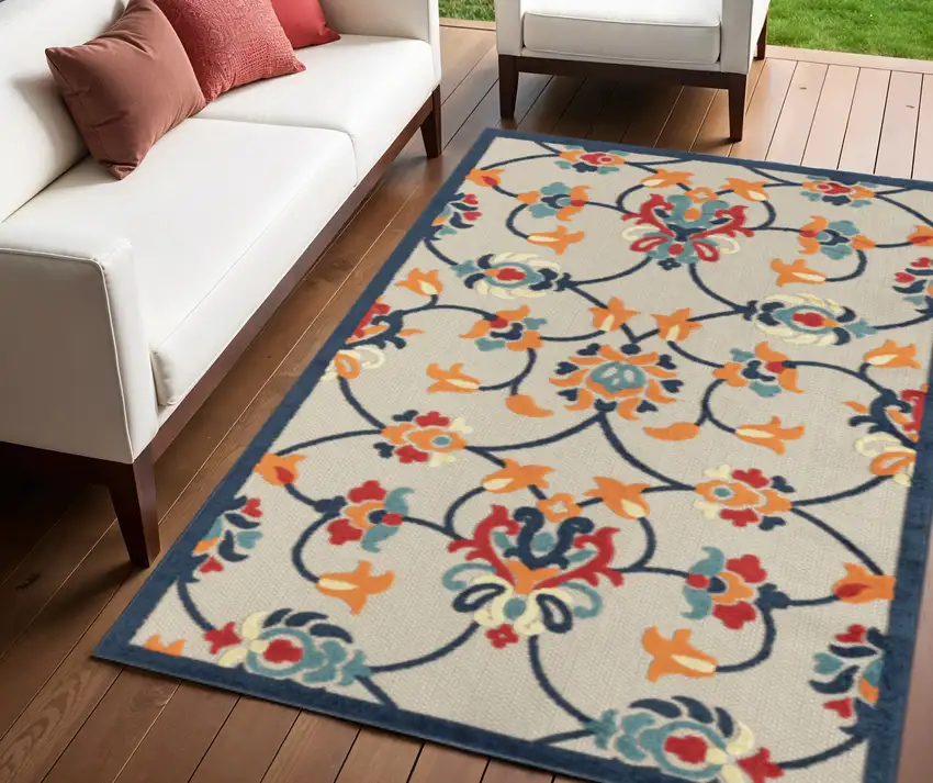 Blue And Orange Floral Non Skid Indoor Outdoor Area Rug Photo 1
