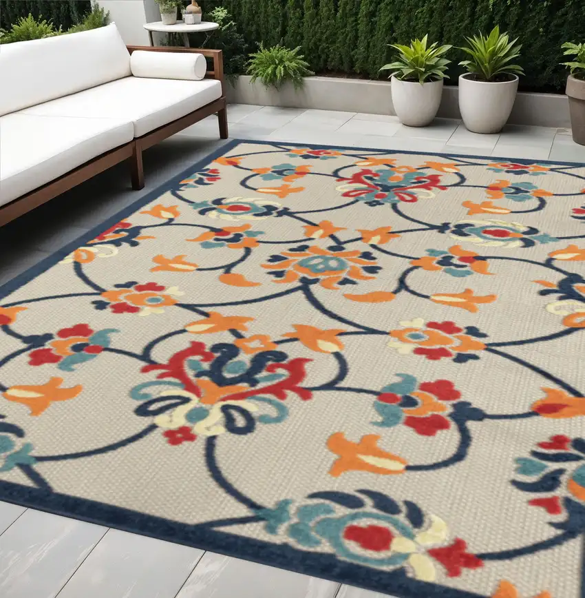 Blue And Orange Floral Non Skid Indoor Outdoor Area Rug Photo 1