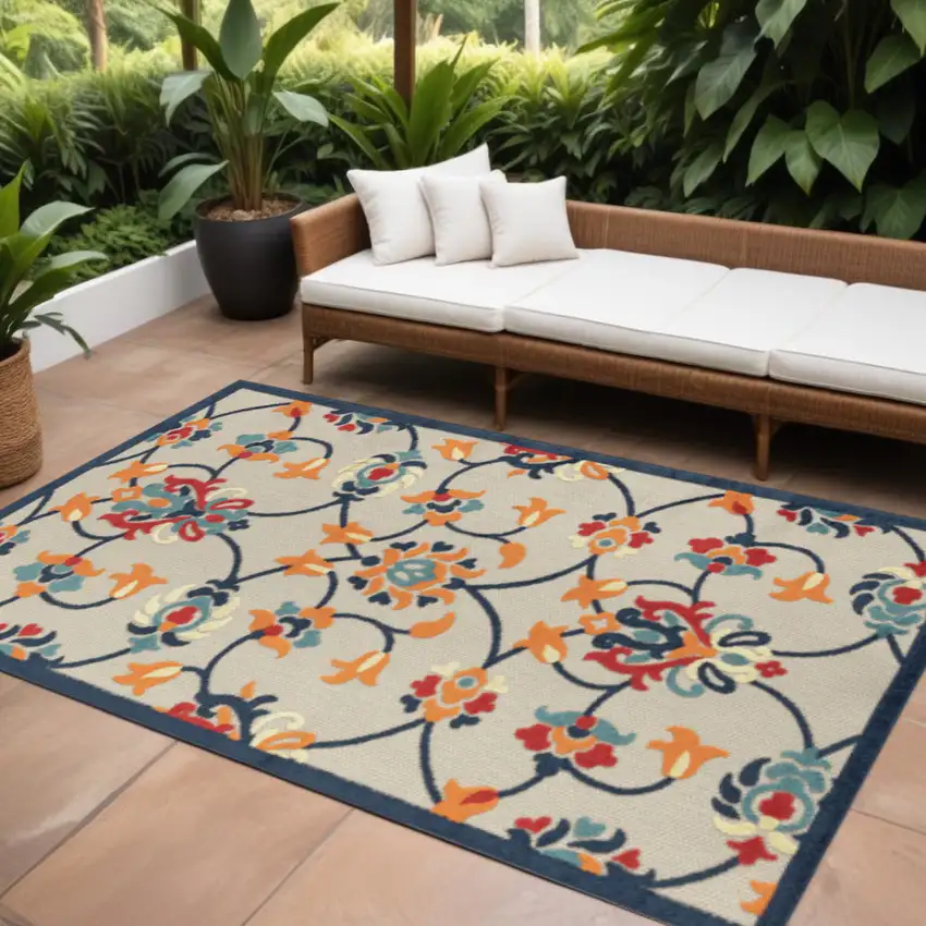 Blue And Orange Floral Non Skid Indoor Outdoor Area Rug Photo 1