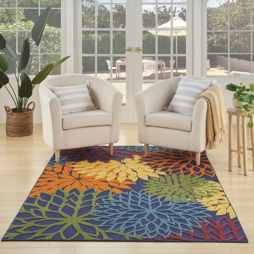 Blue And Orange Floral Power Loom Area Rug Photo 8