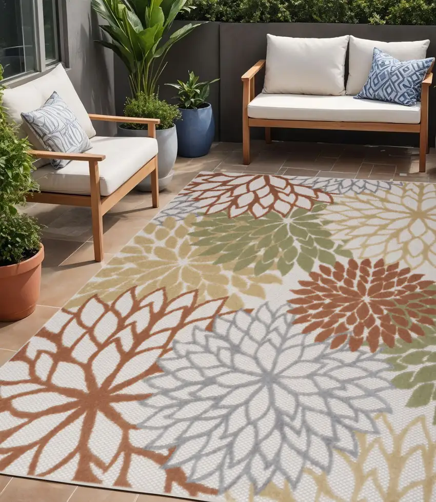 Blue And Orange Floral Power Loom Area Rug Photo 1