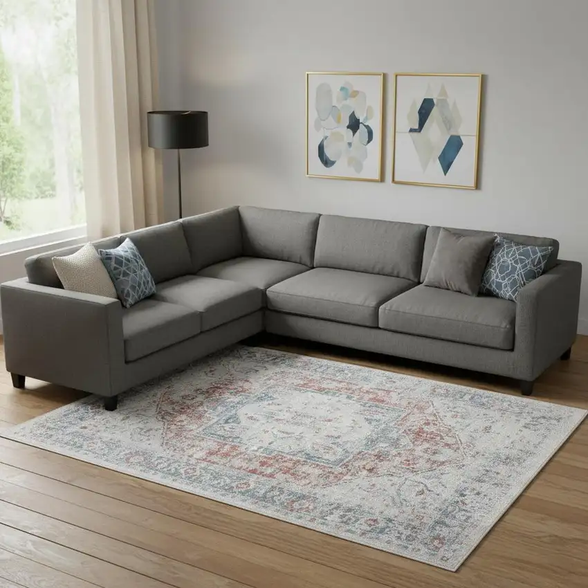 Blue And Orange Medallion Area Rug With UV Protection Photo 1