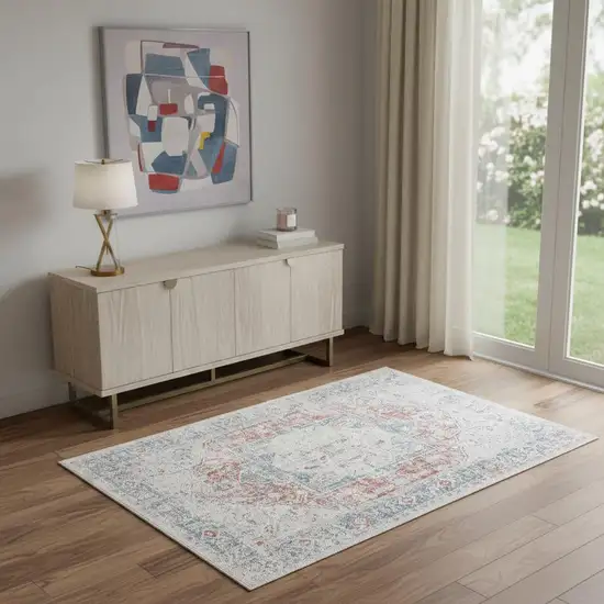 Blue And Orange Medallion Area Rug With UV Protection Photo 1