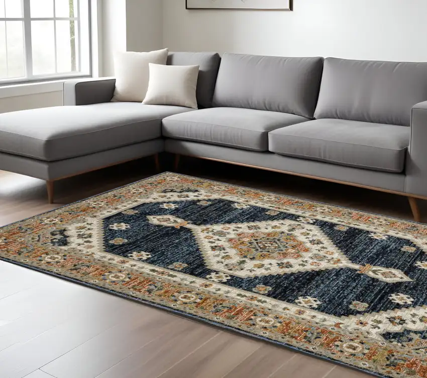 Blue And Orange Medallion Area Rug Photo 1