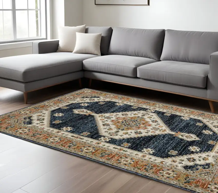 Blue And Orange Medallion Area Rug Photo 1