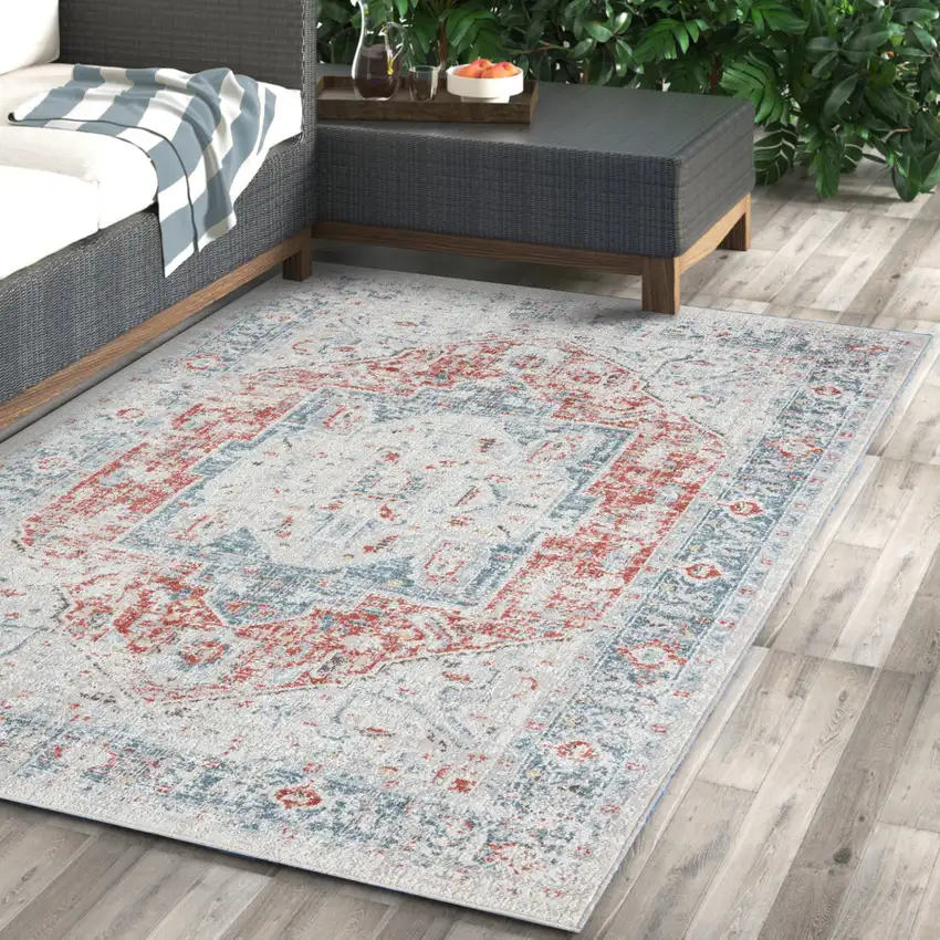 Blue And Orange Medallion Distressed Area Rug Photo 4