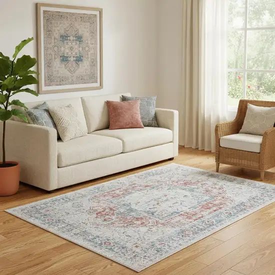 Blue And Orange Medallion Distressed Area Rug Photo 1