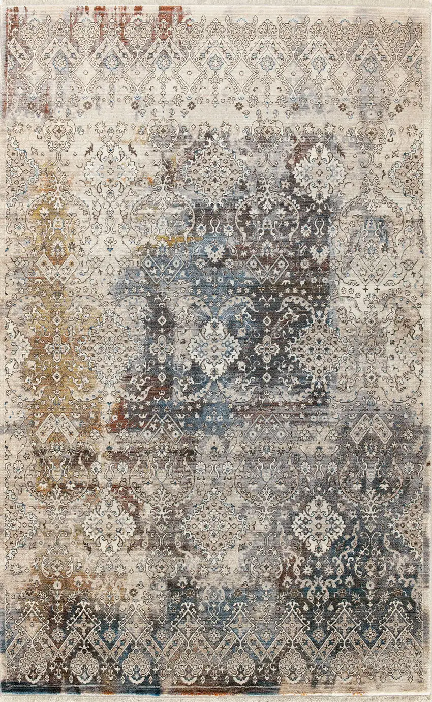 Blue And Orange Medallion Distressed Area Rug Photo 2