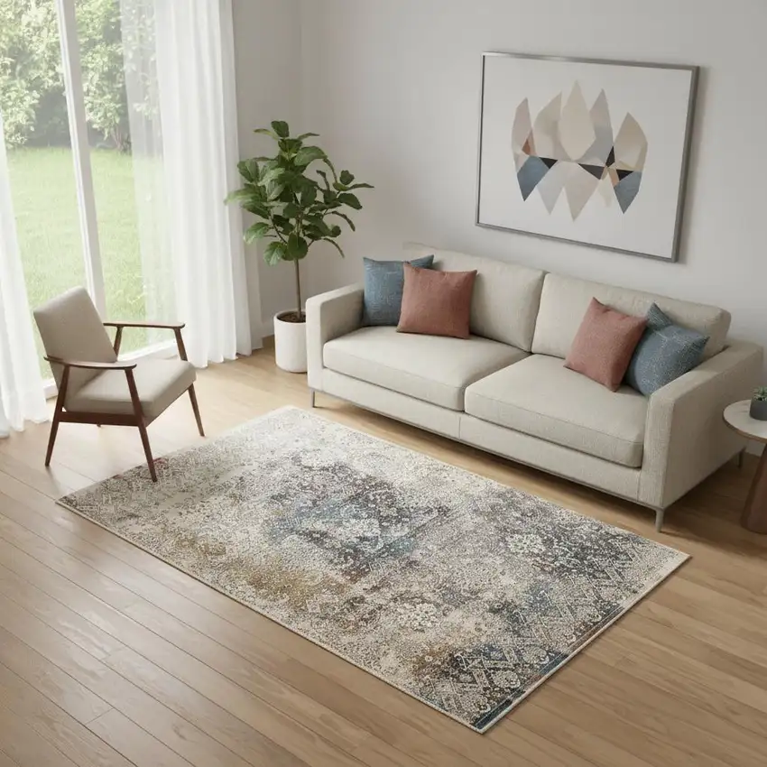 Blue And Orange Medallion Distressed Area Rug Photo 1