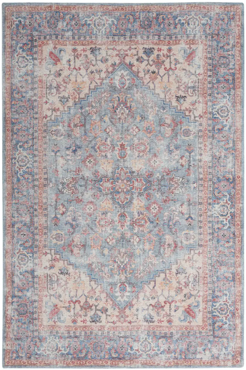 Blue And Orange Medallion Distressed Washable Area Rug Photo 2