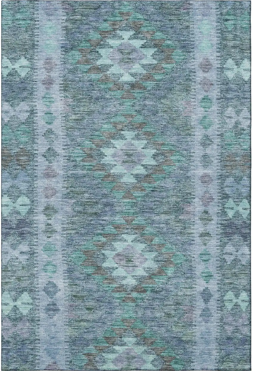 Blue And Pale Aqua Geometric Washable Area Rug With UV Protection Photo 3