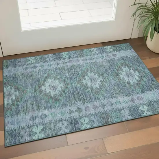 Blue And Pale Aqua Geometric Washable Area Rug With UV Protection Photo 2
