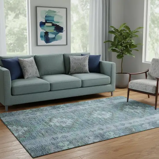 Blue And Pale Aqua Geometric Washable Area Rug With UV Protection Photo 2