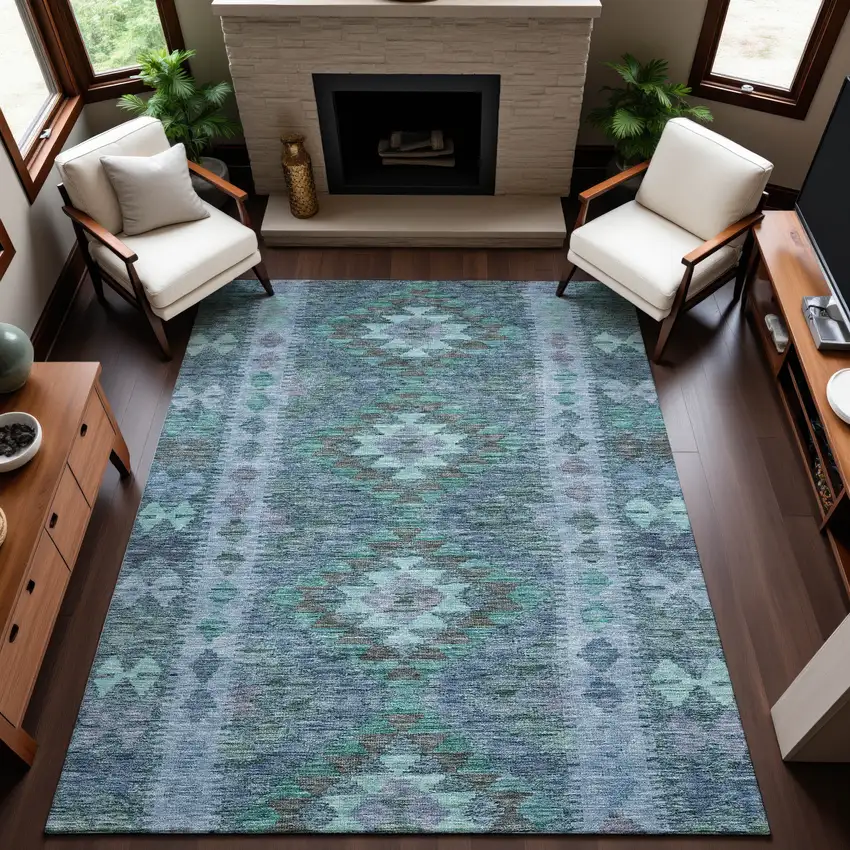 Blue And Pale Aqua Geometric Washable Area Rug With UV Protection Photo 5