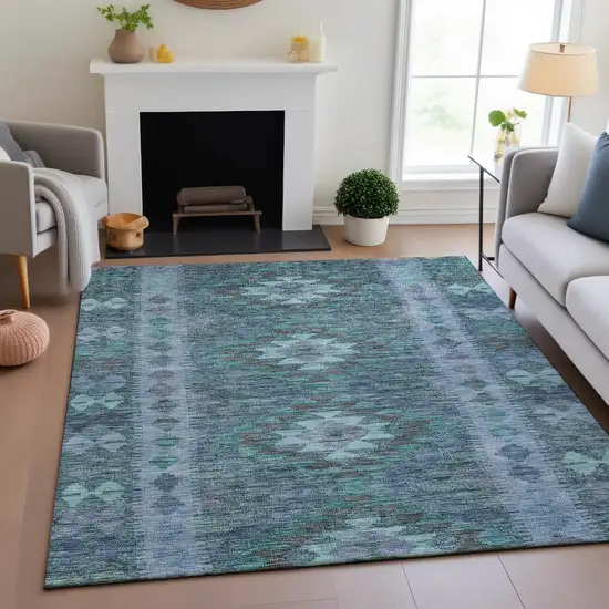 Blue And Pale Aqua Geometric Washable Area Rug With UV Protection Photo 5