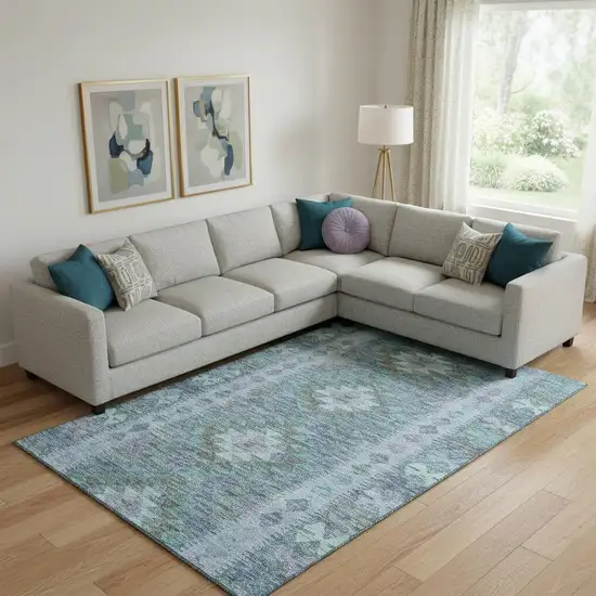 Blue And Pale Aqua Geometric Washable Area Rug With UV Protection Photo 2