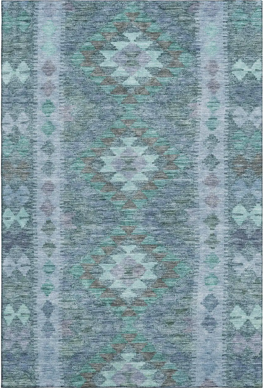 Blue And Pale Aqua Geometric Washable Area Rug With UV Protection Photo 1