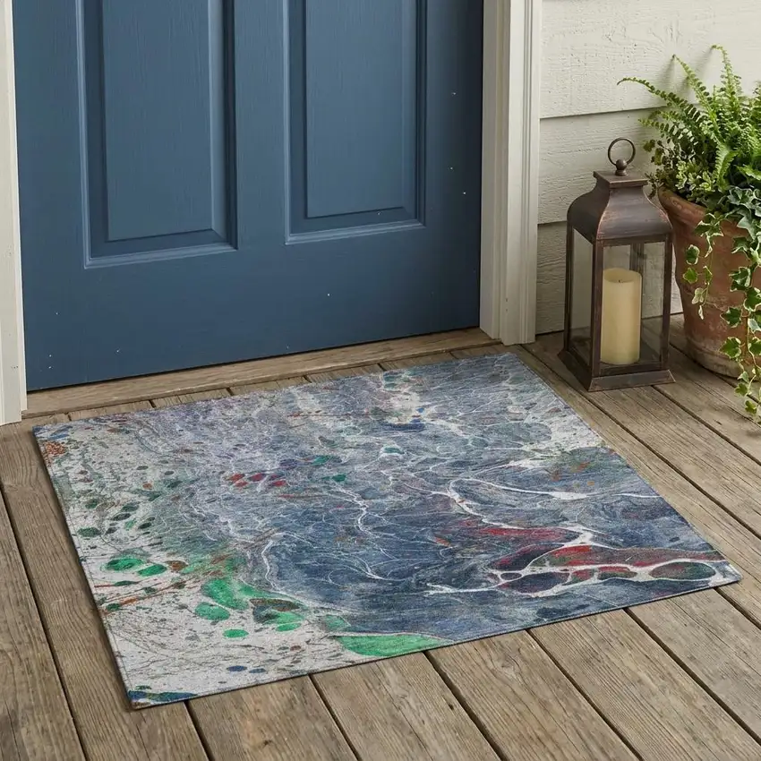 Blue And Pewter Abstract Washable Indoor Outdoor Area Rug Photo 1