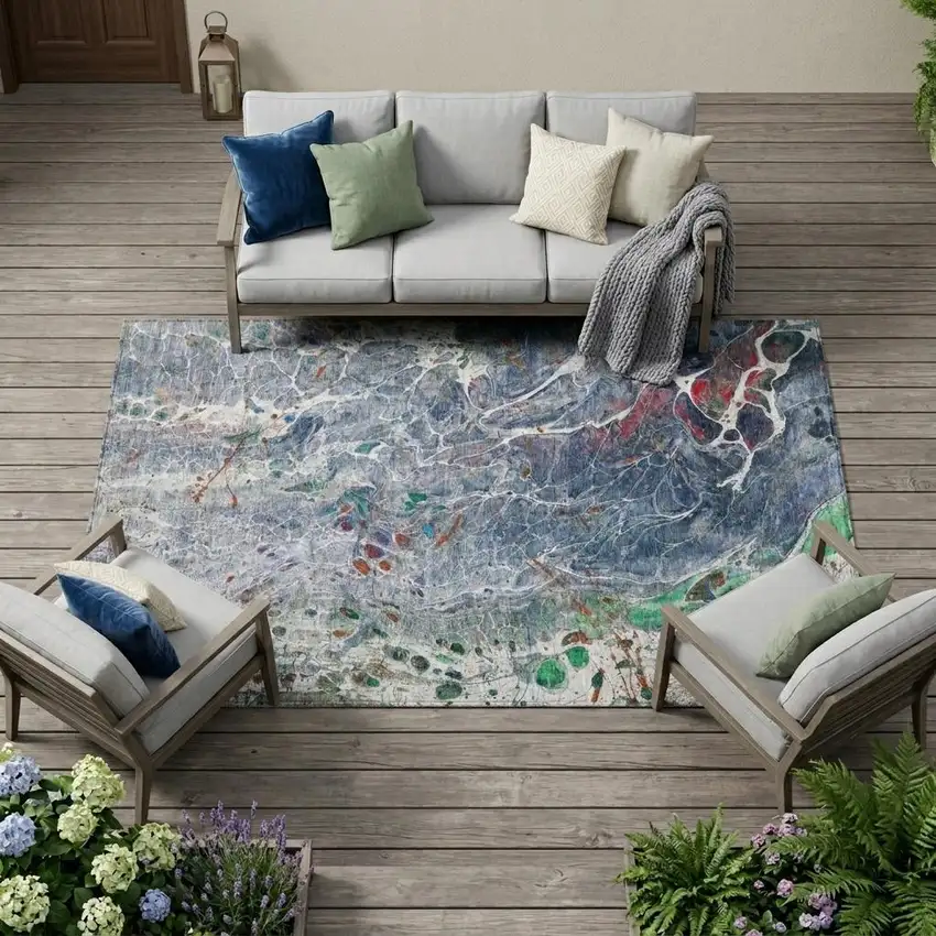 Blue And Pewter Abstract Washable Indoor Outdoor Area Rug Photo 1