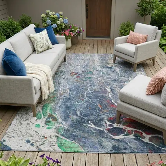 Blue And Pewter Abstract Washable Indoor Outdoor Area Rug Photo 1
