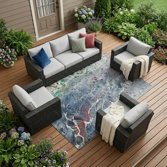 Blue And Pewter Abstract Washable Indoor Outdoor Area Rug Photo 1