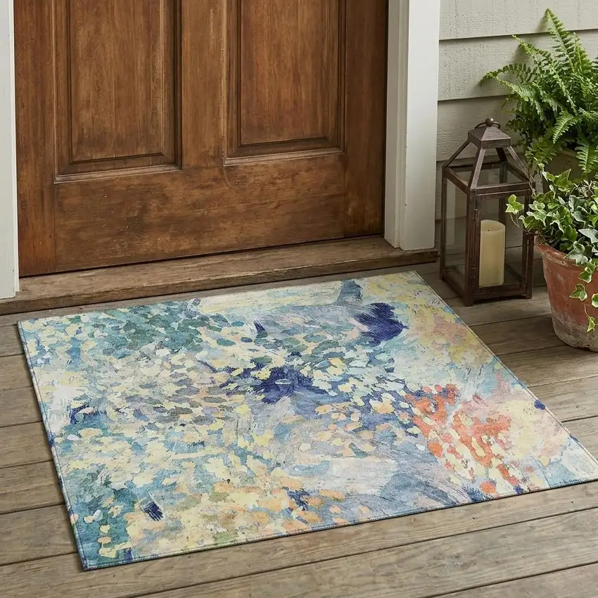 Blue And Pewter Abstract Washable Indoor Outdoor Area Rug Photo 1