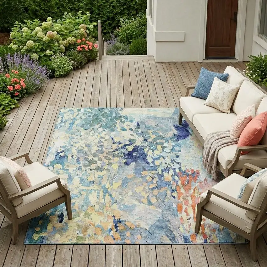 Blue And Pewter Abstract Washable Indoor Outdoor Area Rug Photo 1