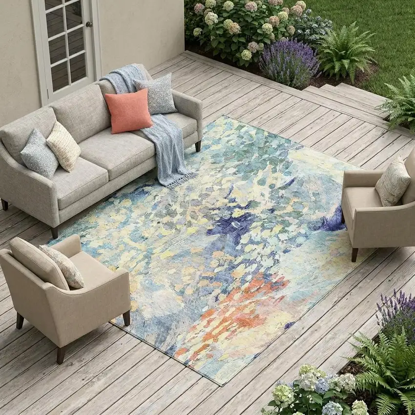 Blue And Pewter Abstract Washable Indoor Outdoor Area Rug Photo 1